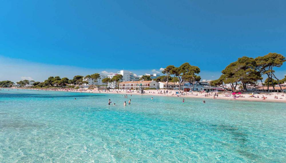 Blick auf den Playa de Muro auf Mallorca mit türkisfarbenen Mittelmeer und Küste mit Familien. © Adobe Stock, Engel Drohnenpilot