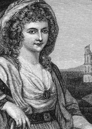 Detailreiche Illustration von Anna Amalia mit Kopfbedeckung und einer Ruinenlandschaft im Hintergrund.