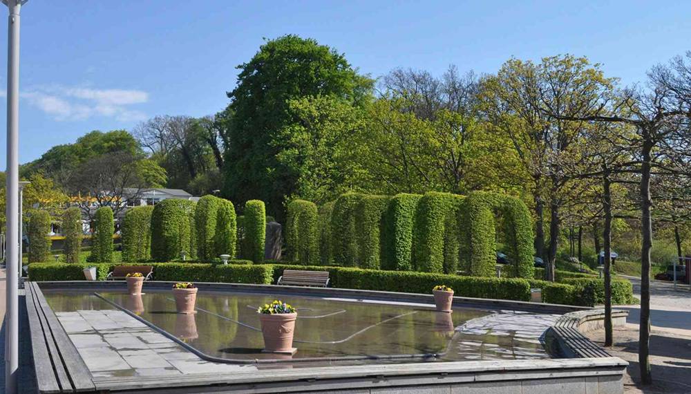 Gepflegte Heckenanlage und Spazierwege im Kurpark von Göhren auf Rügen.