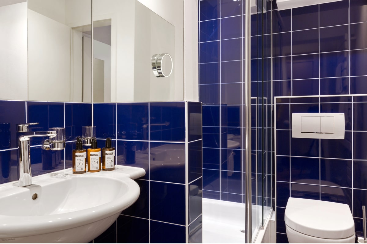 Maritime-style bathroom with shower, WC and high-quality furnishings in the single room of the Elisabeth von Eicken Hotel.