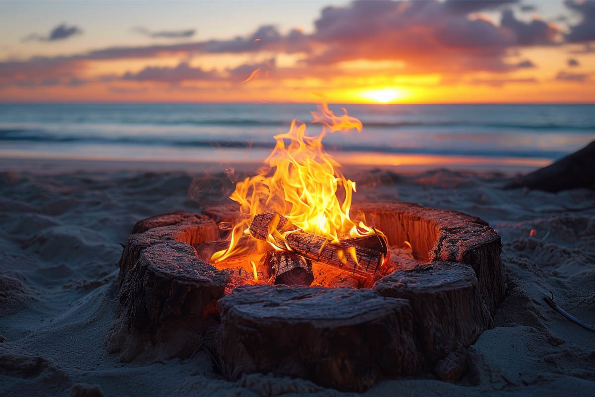 Lagerfeuer am Ostseestrand bei Sonnenuntergang, Flammen vor dem ruhigen Meer und farbenreichem Himmel als Incentives.